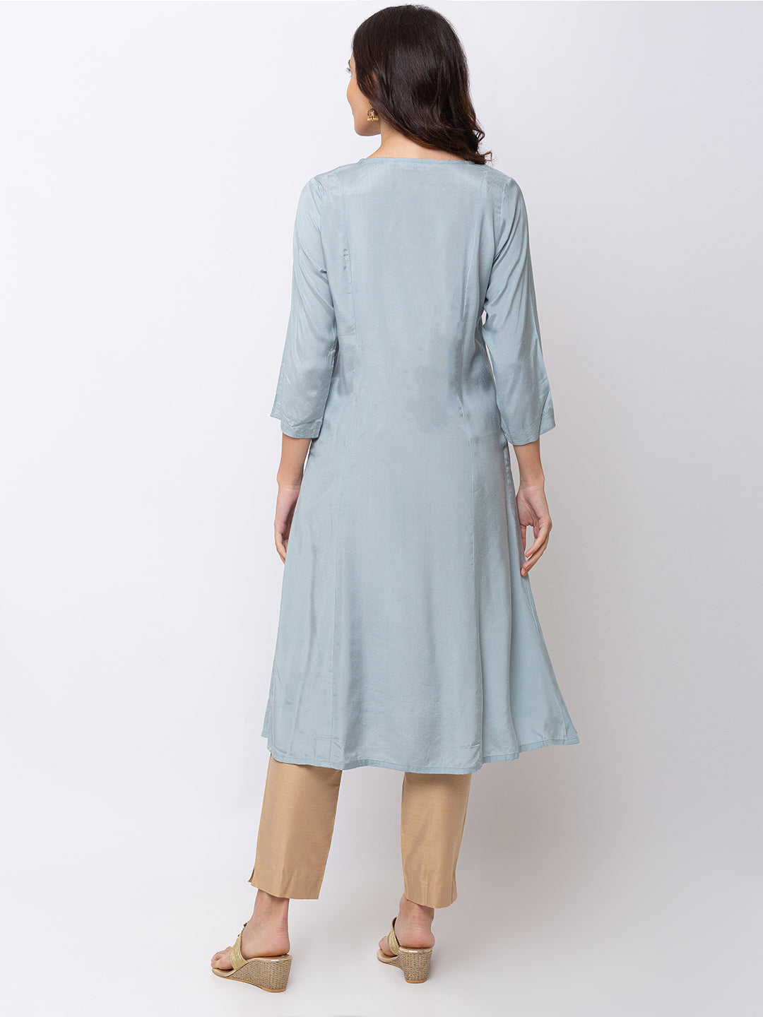 Ethnicity Grey Pastel Blue Straight Long Kurta Tunic with Embroidery