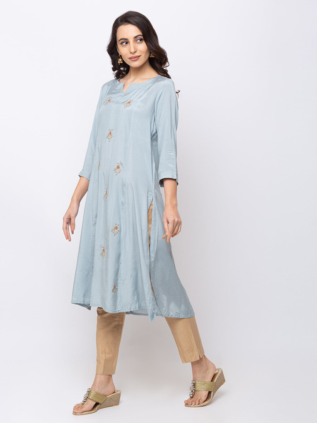 Ethnicity Grey Pastel Blue Straight Long Kurta Tunic with Embroidery