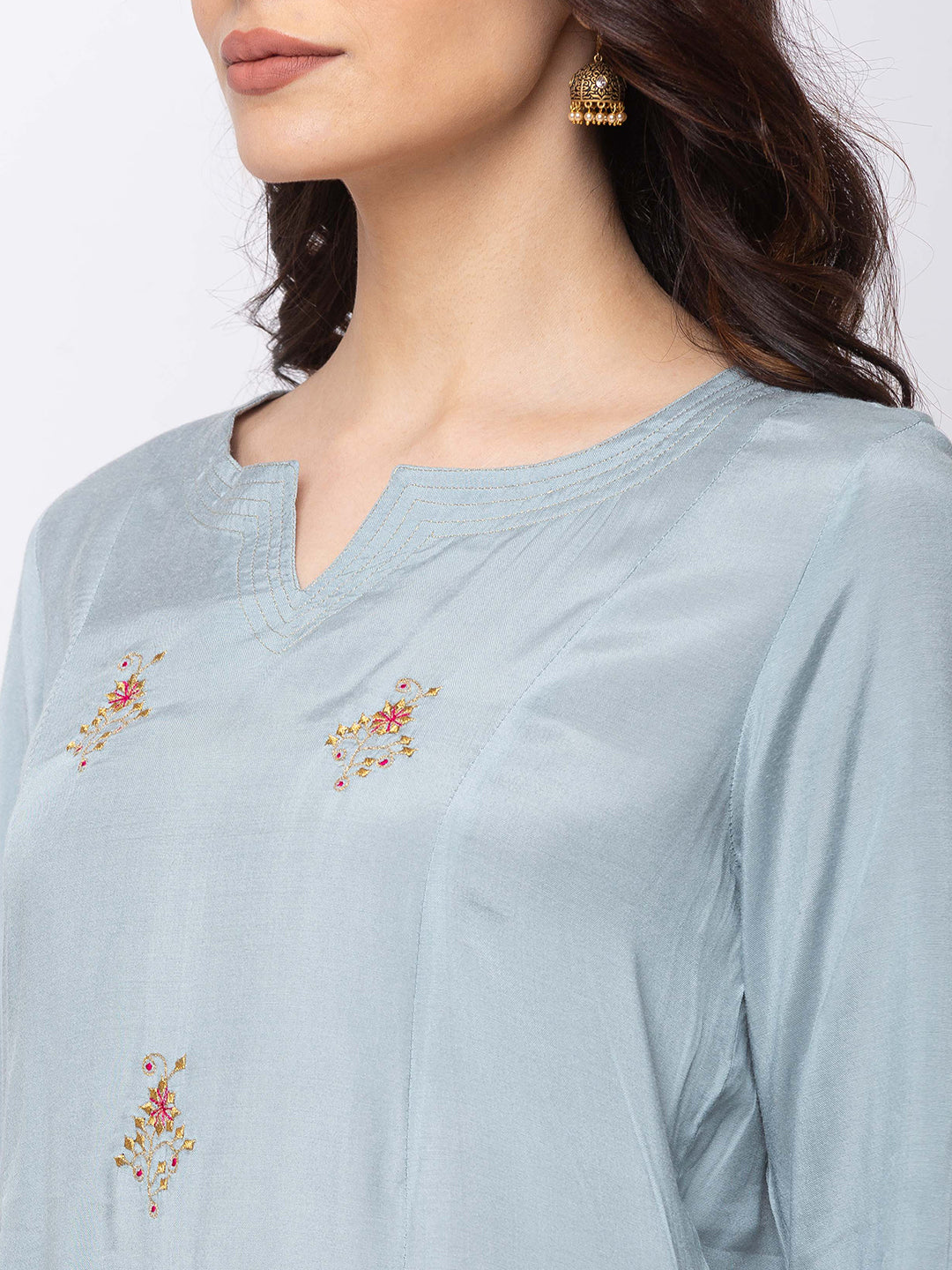 Ethnicity Grey Pastel Blue Straight Long Kurta Tunic with Embroidery
