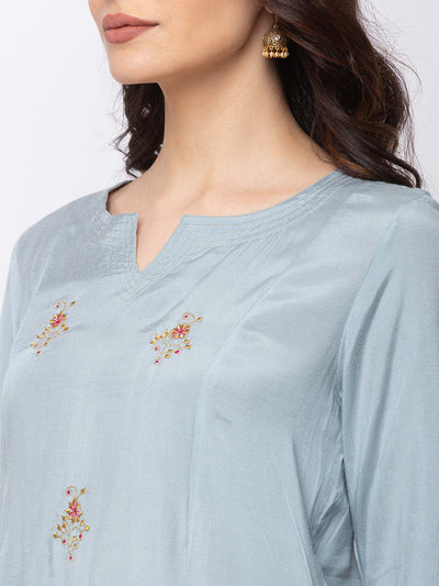 Ethnicity Grey Pastel Blue Straight Long Kurta Tunic with Embroidery