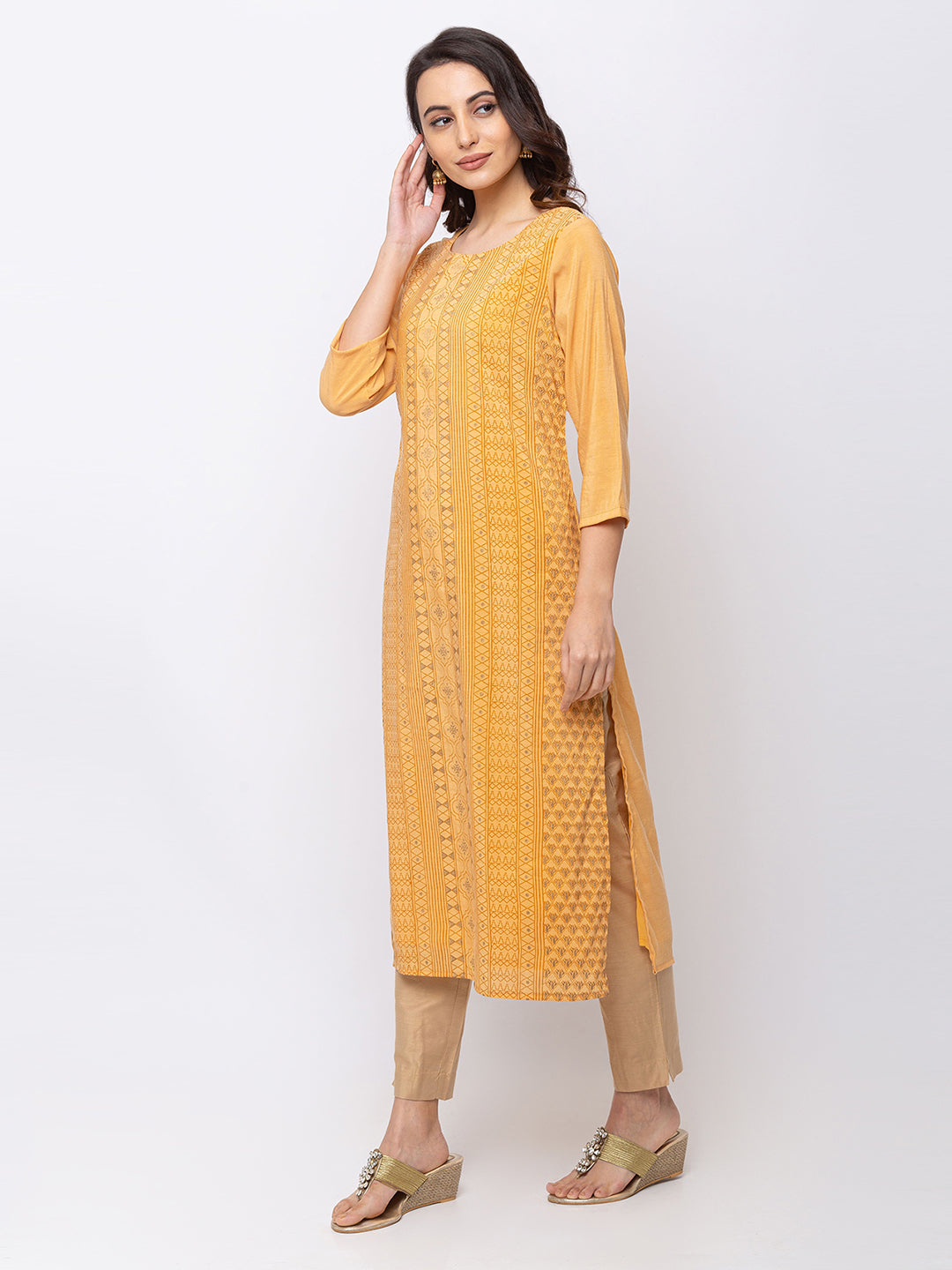 Ethnicity Mustard-Yellow Long Straigh Kurta Tunic with Bohemian Print"