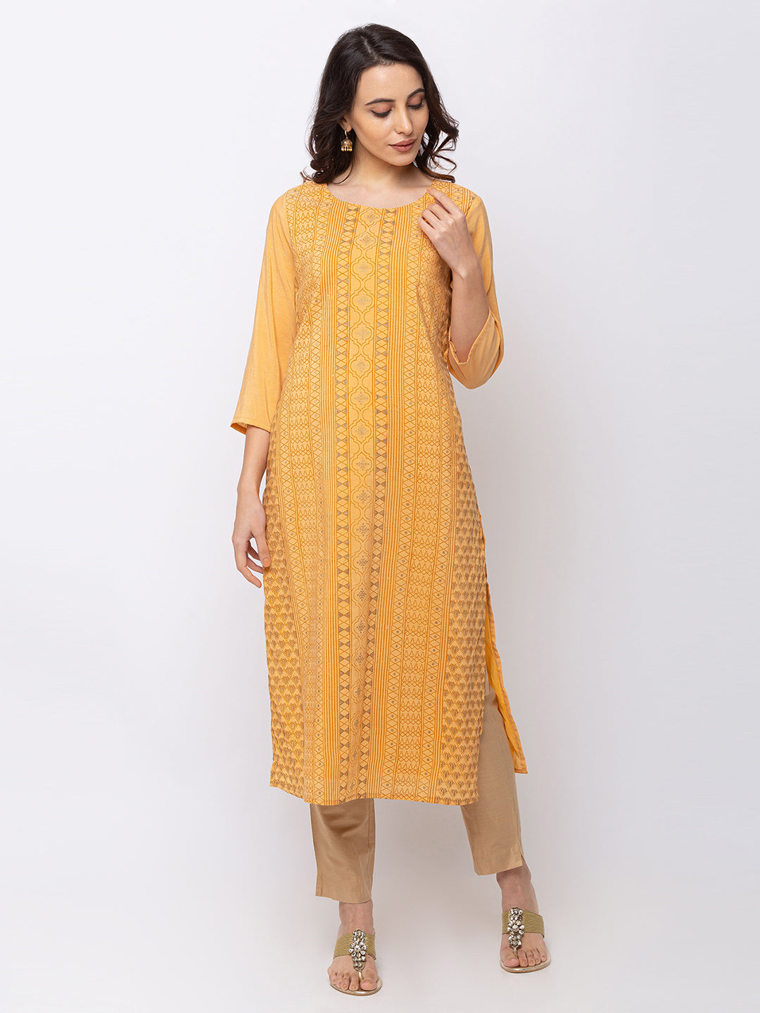 Ethnicity Mustard-Yellow Long Straigh Kurta Tunic with Bohemian Print"