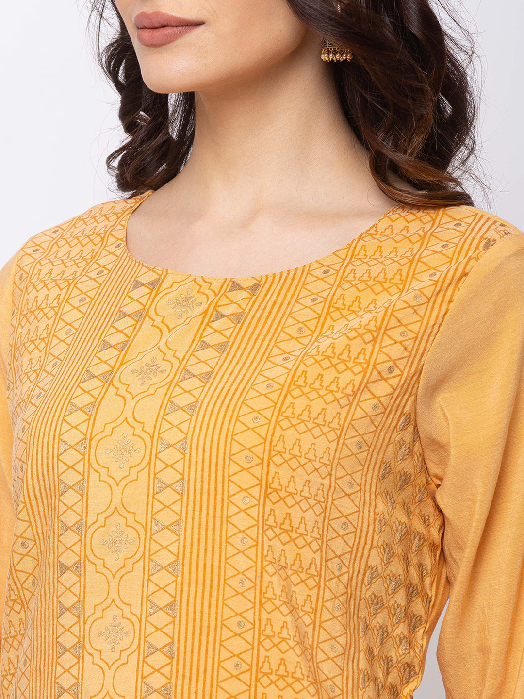 Ethnicity Mustard-Yellow Long Straigh Kurta Tunic with Bohemian Print"
