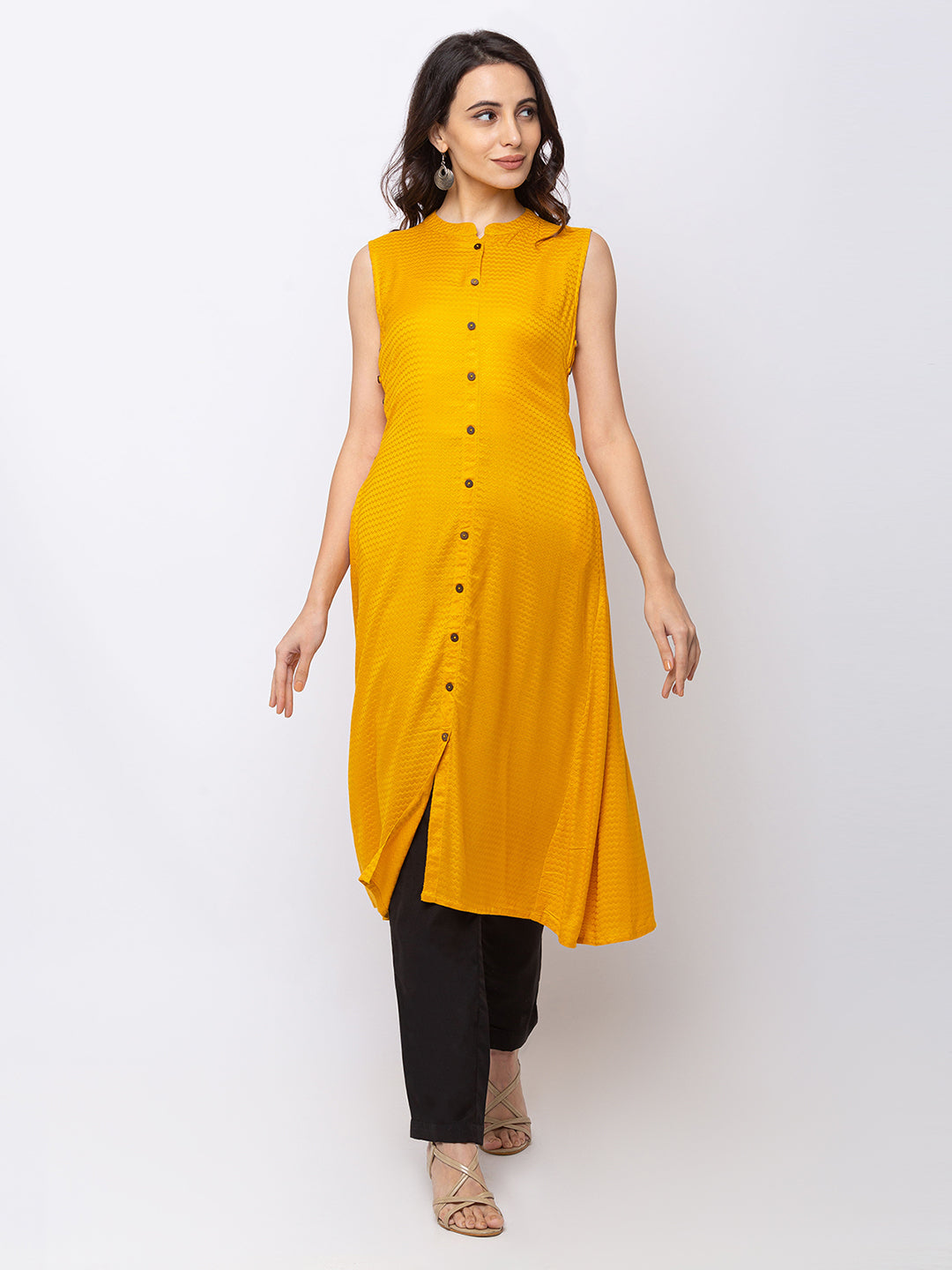 Ethnicity Yellow-Mustard Sleeveless Buttoned Kurta Tunic Dress