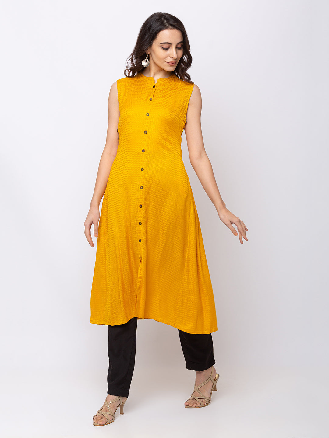Ethnicity Yellow-Mustard Sleeveless Buttoned Kurta Tunic Dress