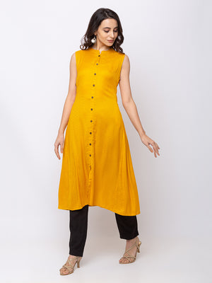 Ethnicity Yellow-Mustard Sleeveless Buttoned Kurta Tunic Dress