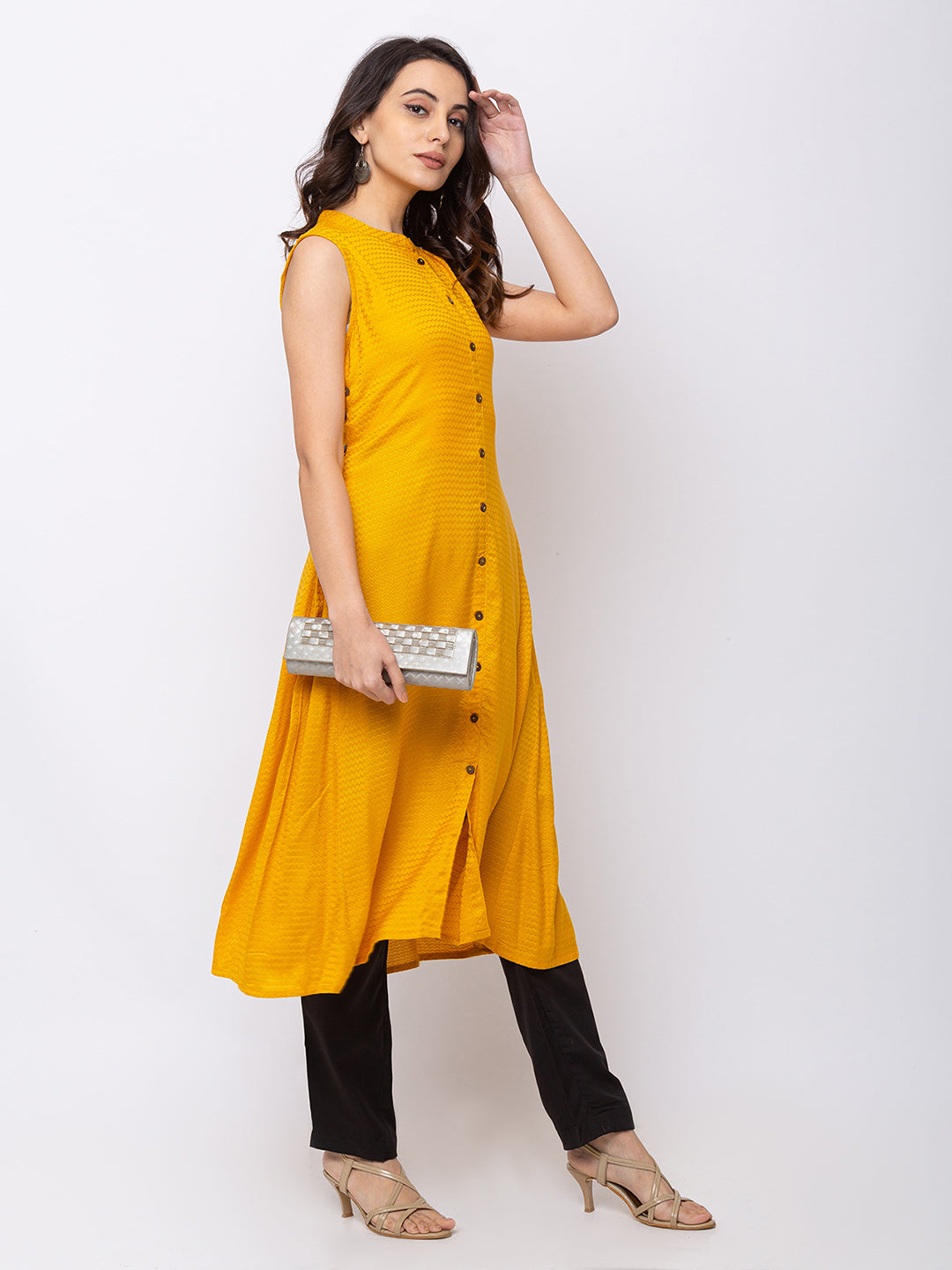 Ethnicity Yellow-Mustard Sleeveless Buttoned Kurta Tunic Dress