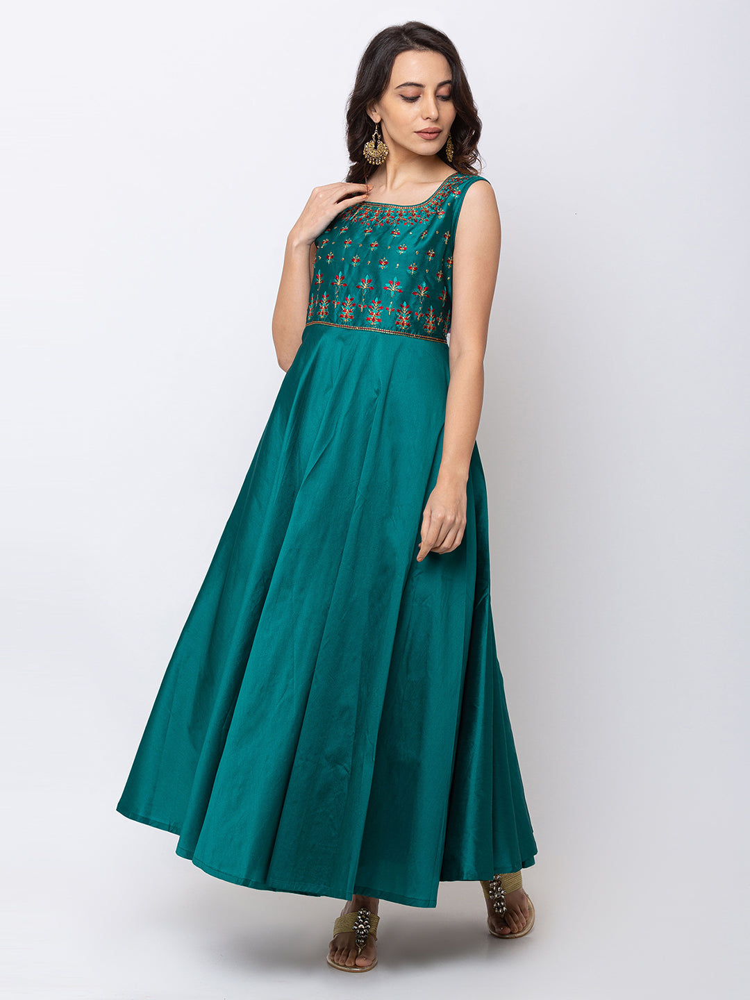 Ethnicity Teal Green Sleeveless A Line Kurta Tunic Dress Gown