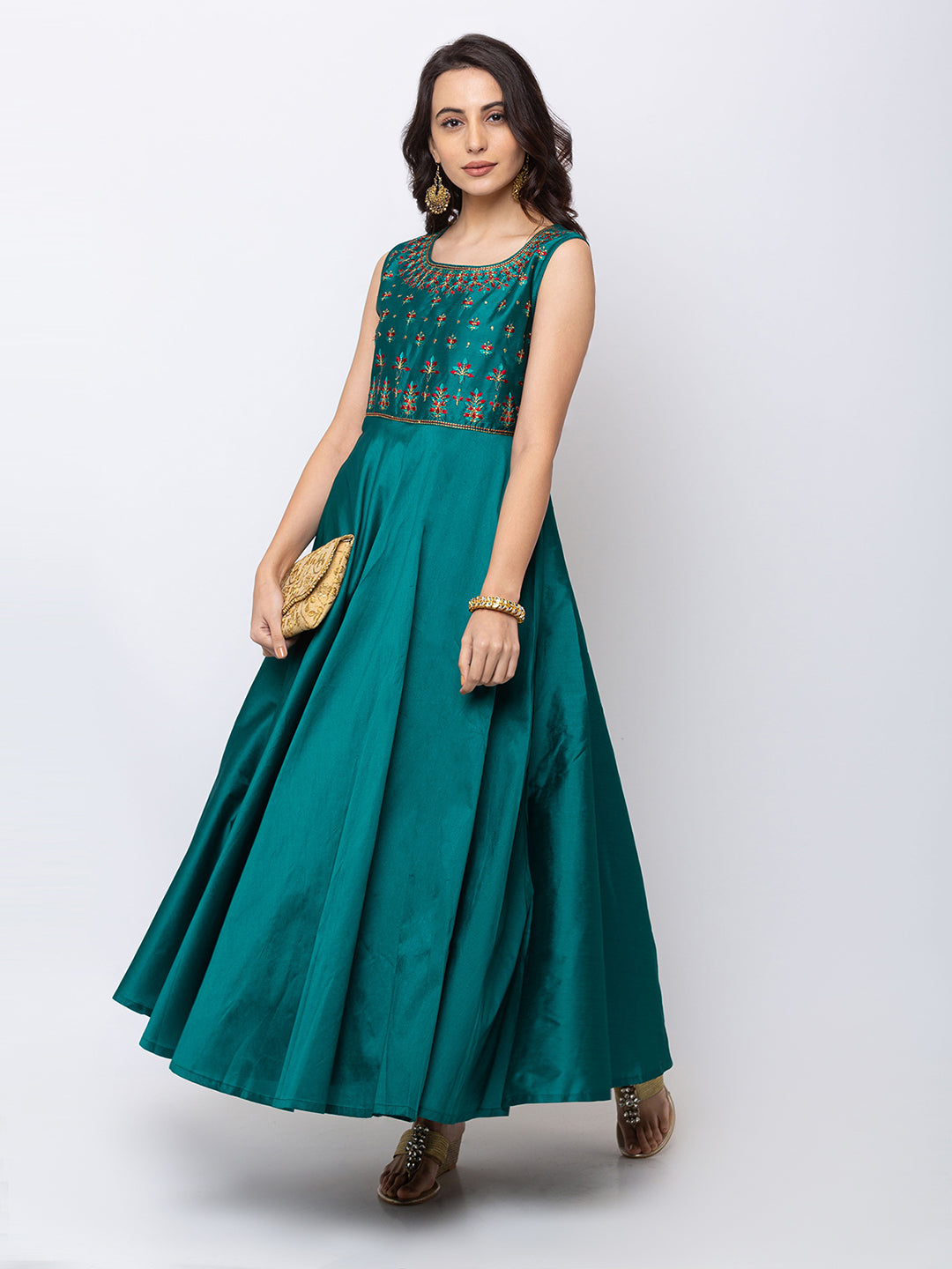 Ethnicity Teal Green Sleeveless A Line Kurta Tunic Dress Gown