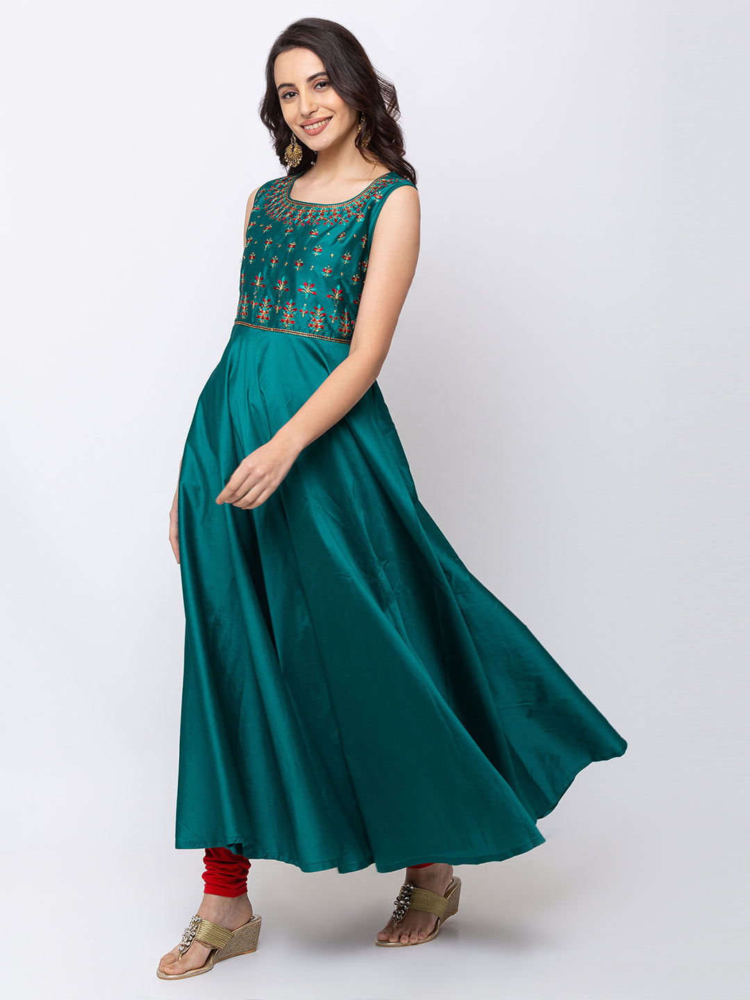 Ethnicity Teal Green Sleeveless A Line Kurta Tunic Dress Gown