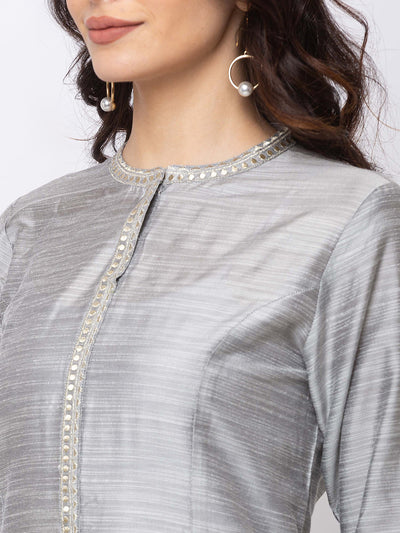 Ethnicity Metallic Grey Long Button Down High-Neck Kurta Tunic Dress