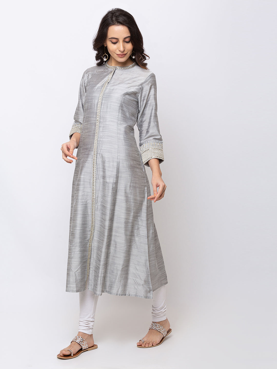 Ethnicity Metallic Grey Long Button Down High-Neck Kurta Tunic Dress