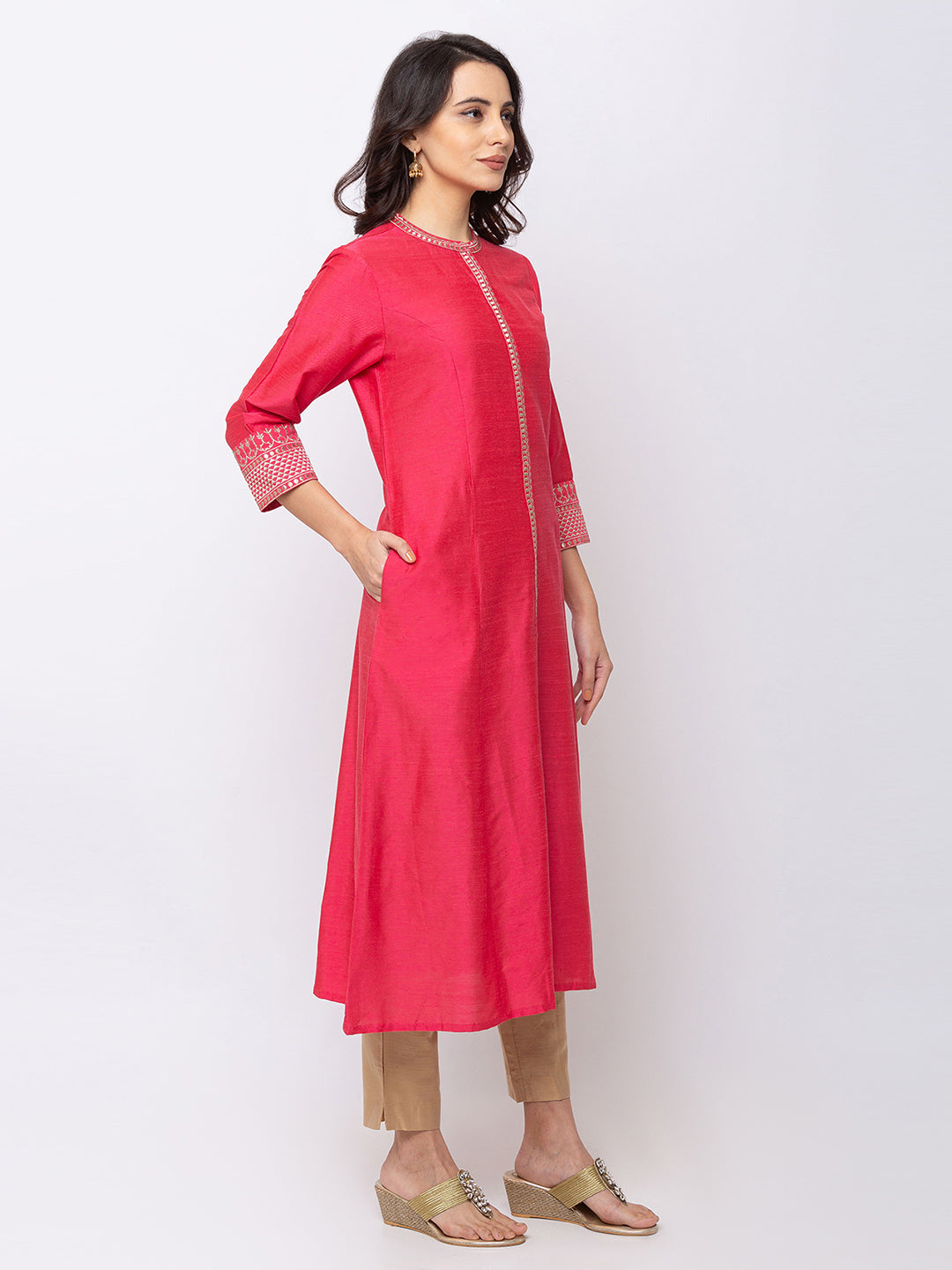 Ethnicity Rose Pink Long Button Down High-Neck Kurta Tunic Dress