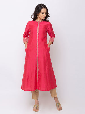 Ethnicity Rose Pink Long Button Down High-Neck Kurta Tunic Dress