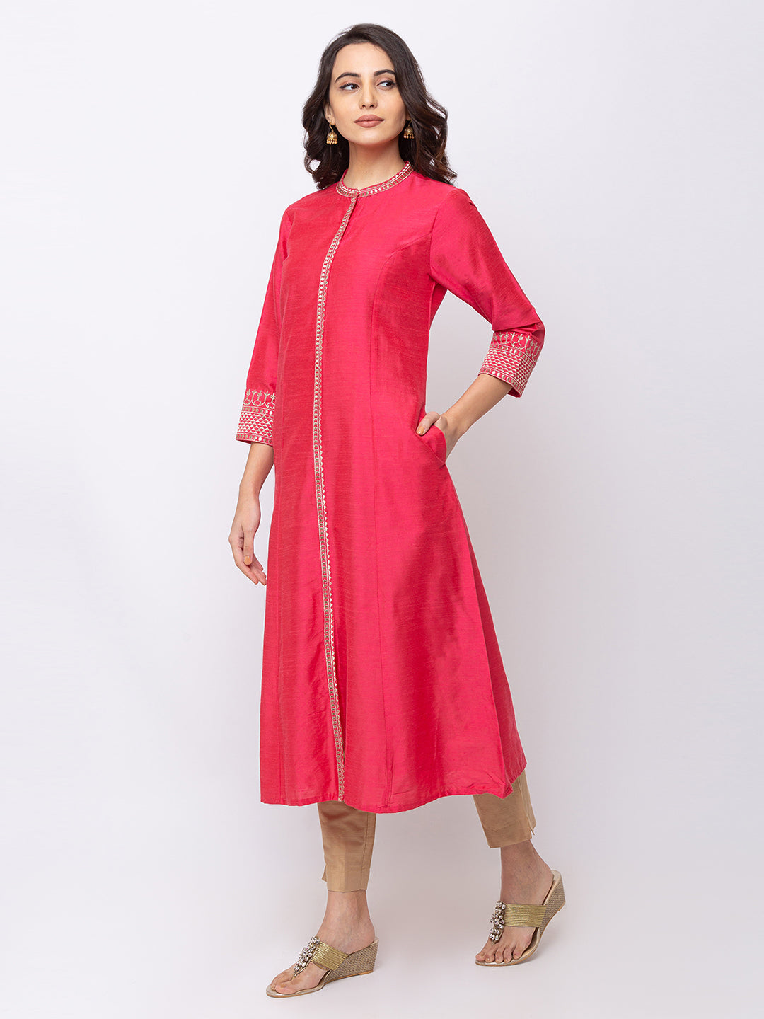 Ethnicity Rose Pink Long Button Down High-Neck Kurta Tunic Dress