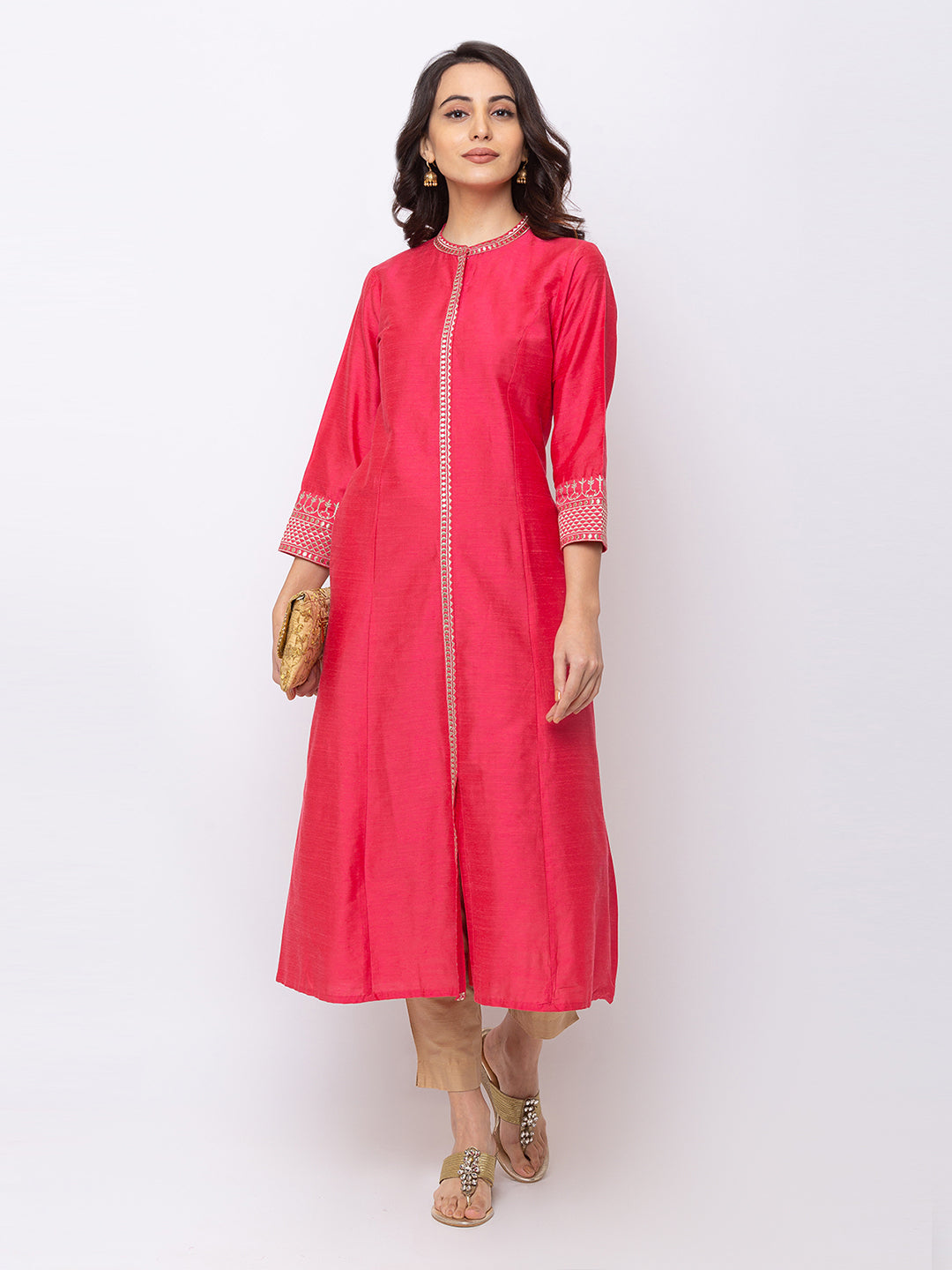 Ethnicity Rose Pink Long Button Down High-Neck Kurta Tunic Dress