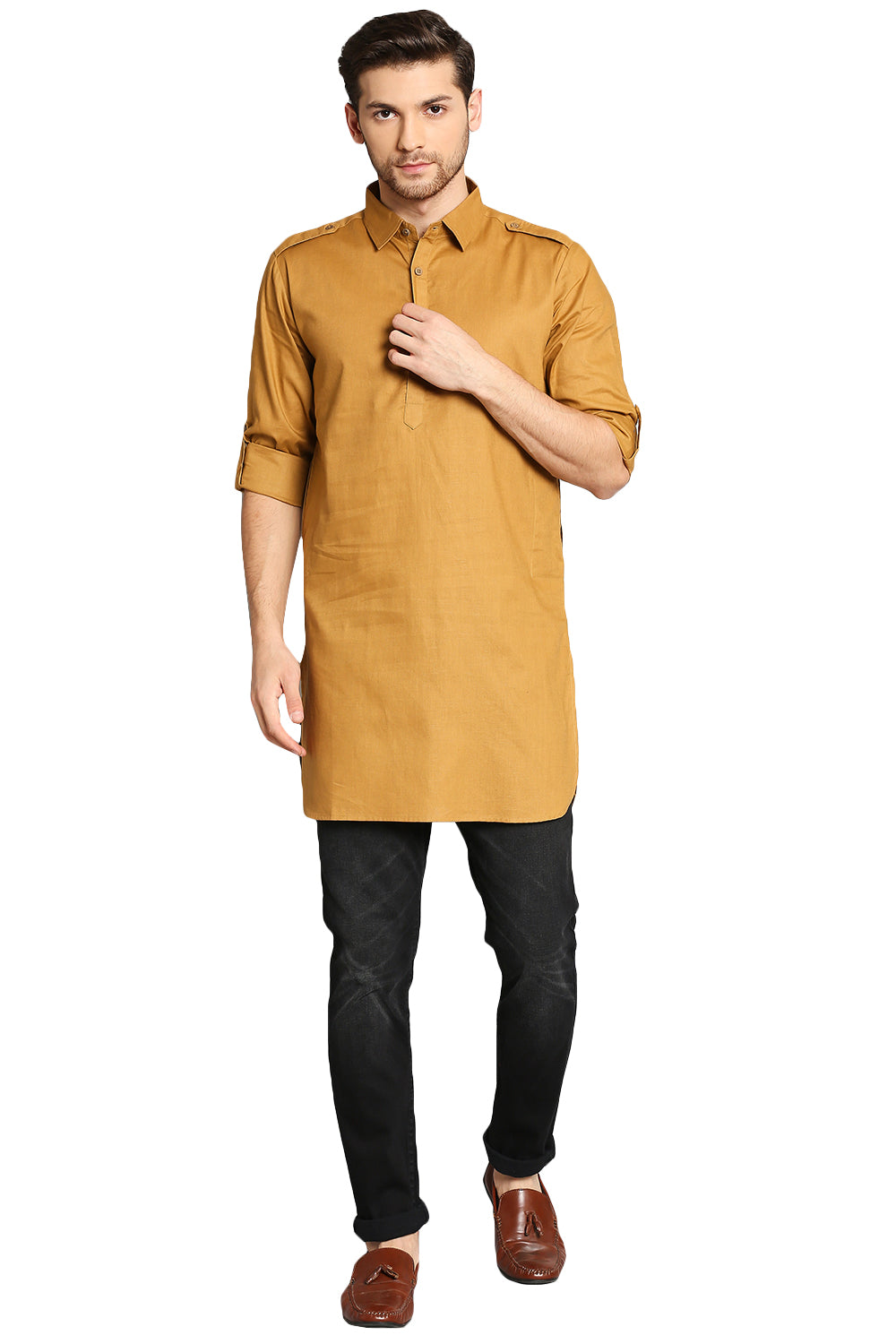In-Sattva Men's Pullover Pathani Rollup Sleeve Kurta Tunic with Shoulder Strap Mustard
