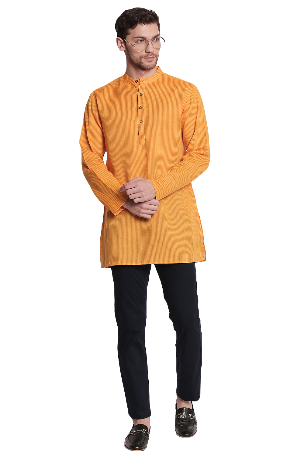 Shatranj Men's Indian Banded Collar Fine Stripe Kurta Tunic