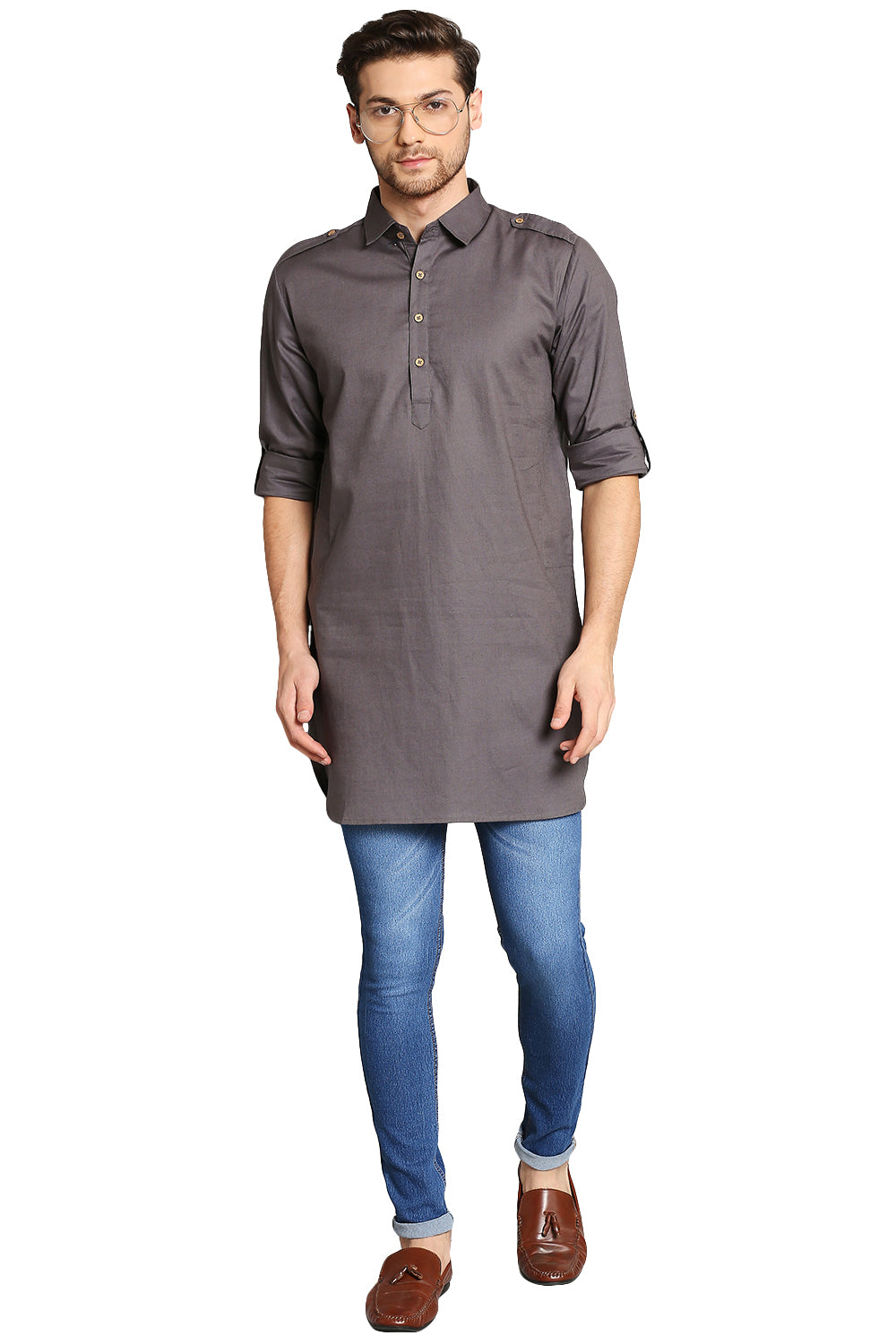 In-Sattva Men's Pullover Pathani Rollup Sleeve Kurta Tunic with Shoulder Strap Grey
