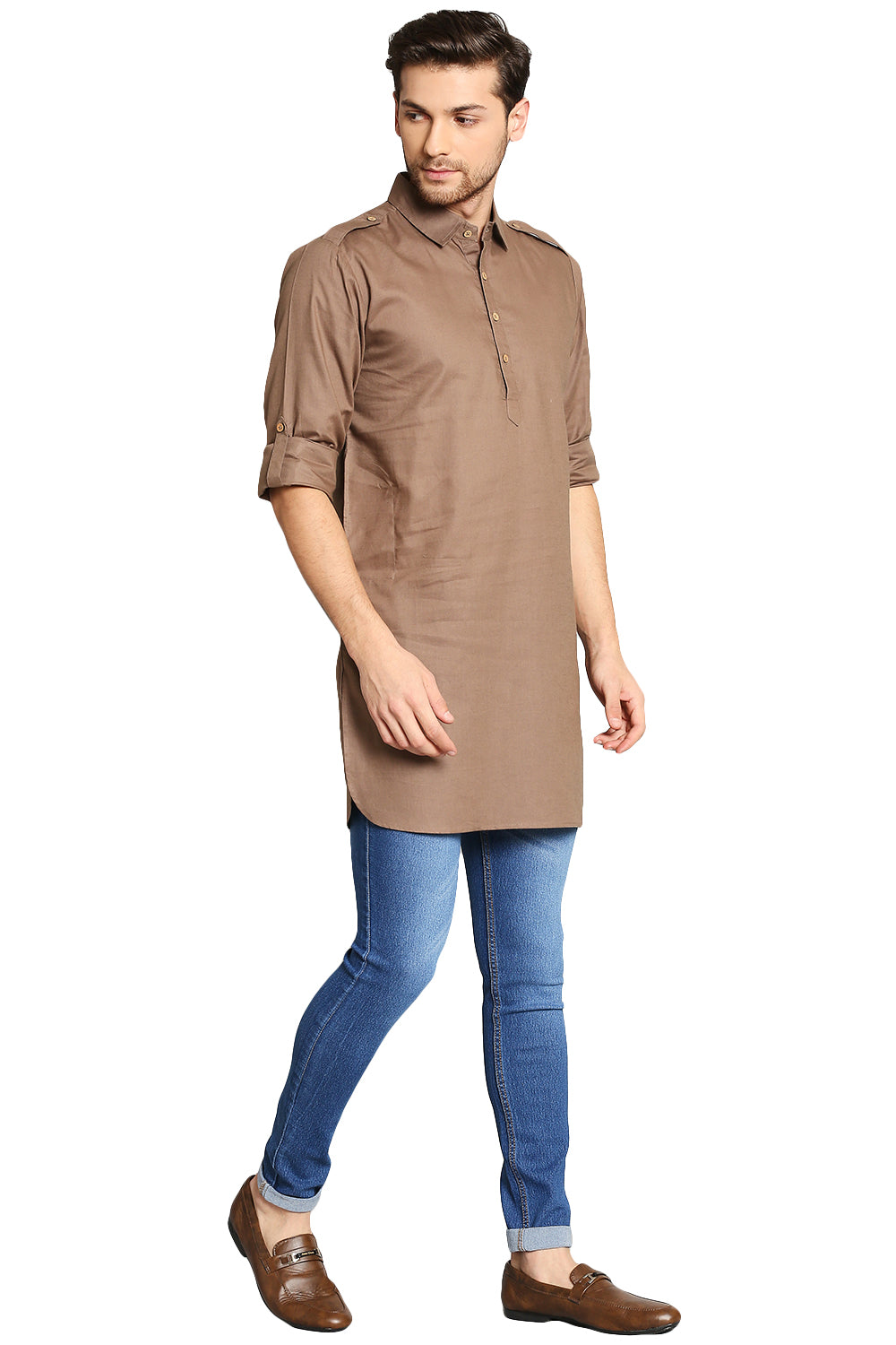 In-Sattva Men's Pullover Pathani Rollup Sleeve Kurta Tunic with Shoulder Strap Camel Brown