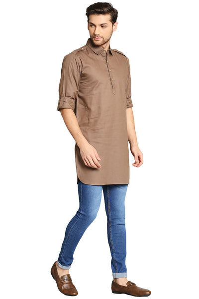 In-Sattva Men's Pullover Pathani Rollup Sleeve Kurta Tunic with Shoulder Strap Camel Brown