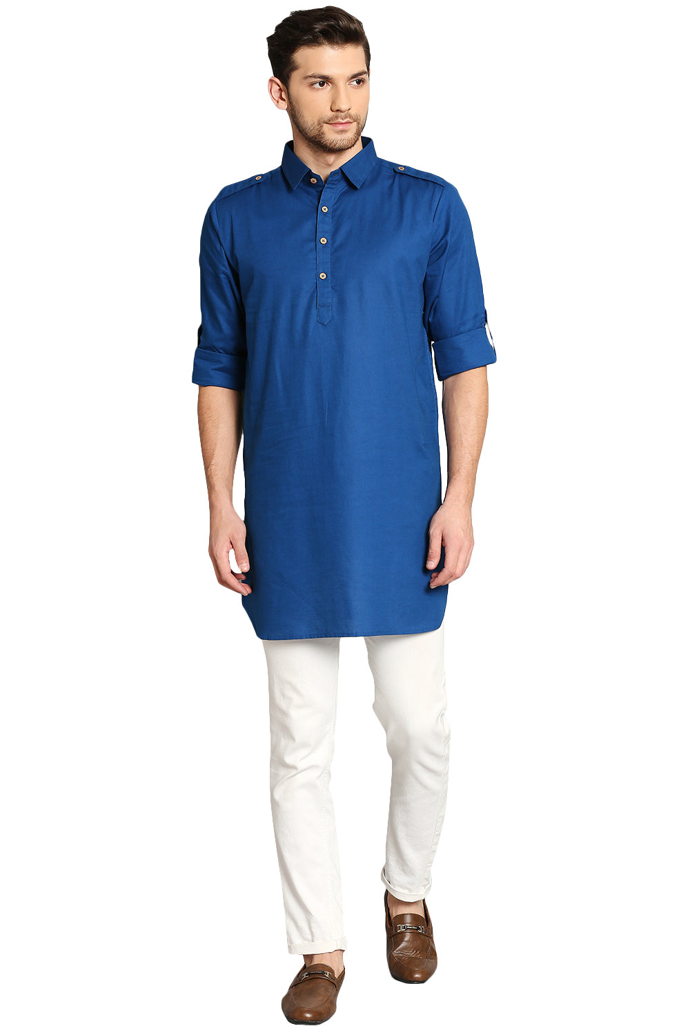 In-Sattva Men's Pullover Pathani Rollup Sleeve Kurta Tunic with Shoulder Strap - Ink Blue