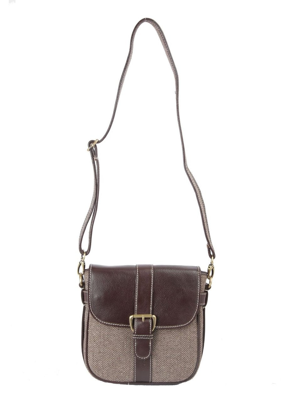 Ivory Tag Brown Leather & Twill Weave Crossbody Bag ÛÒ Front
