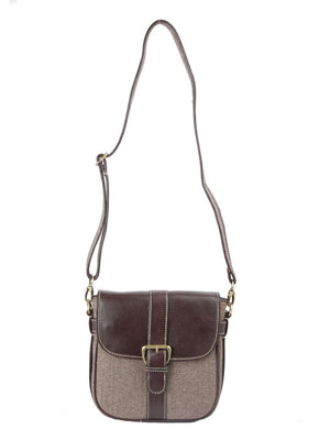 Ivory Tag Brown Leather & Twill Weave Crossbody Bag ÛÒ Front