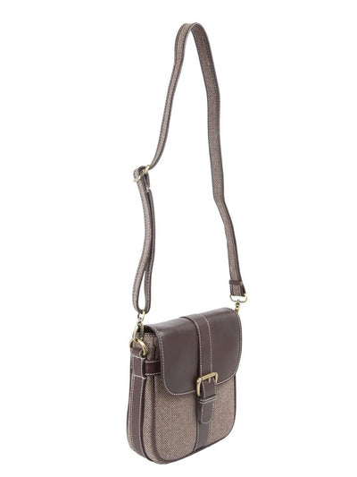 Ivory Tag Brown Leather & Twill Weave Crossbody Bag ÛÒ Side
