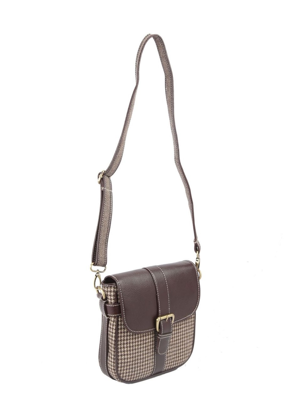 Ivory Tag Brown Leather & Houndstooth Crossbody Bag ÛÒ Side