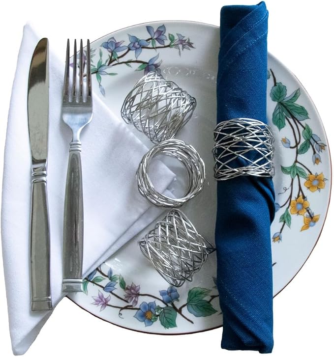 Handmade Artisan Crafted Mesh Metal Dining Napkin Rings, Silver