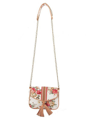 Ivory Tag Tasselled Rose Leather & Floral Canvas Crossbody Handbag ÛÒ Front