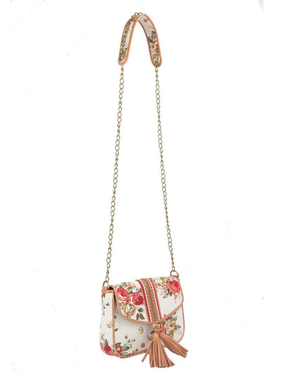 Ivory Tag Tasselled Rose Leather & Floral Canvas Crossbody Handbag ÛÒ Side