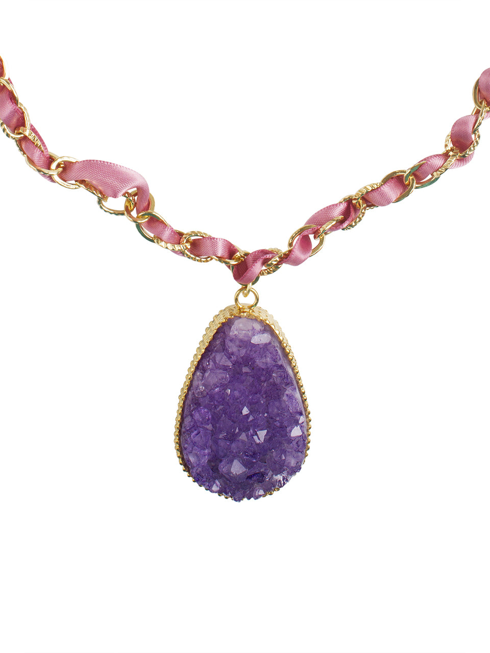 Ivory Tag Braided Gold and Ribbon Necklace with Amethyst Pendant Detail