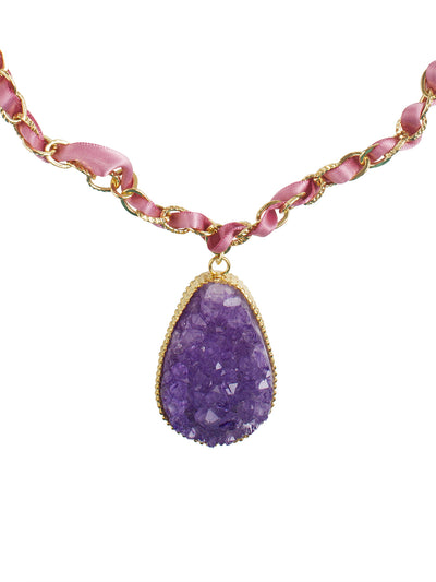 Ivory Tag Braided Gold and Ribbon Necklace with Amethyst Pendant Detail