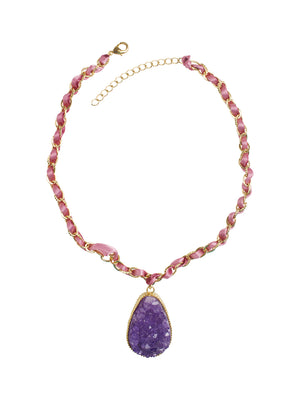 Ivory Tag Braided Gold and Ribbon Necklace with Amethyst Pendant