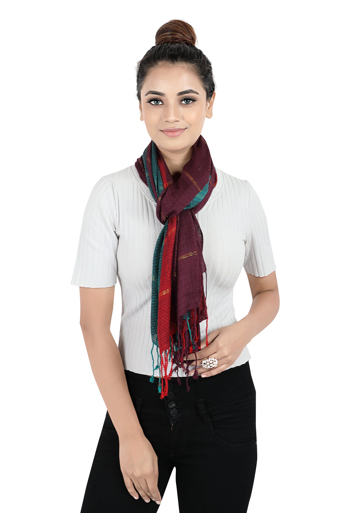 Multi-Colored Red Blue Pattern Scarf Stole | Natural View