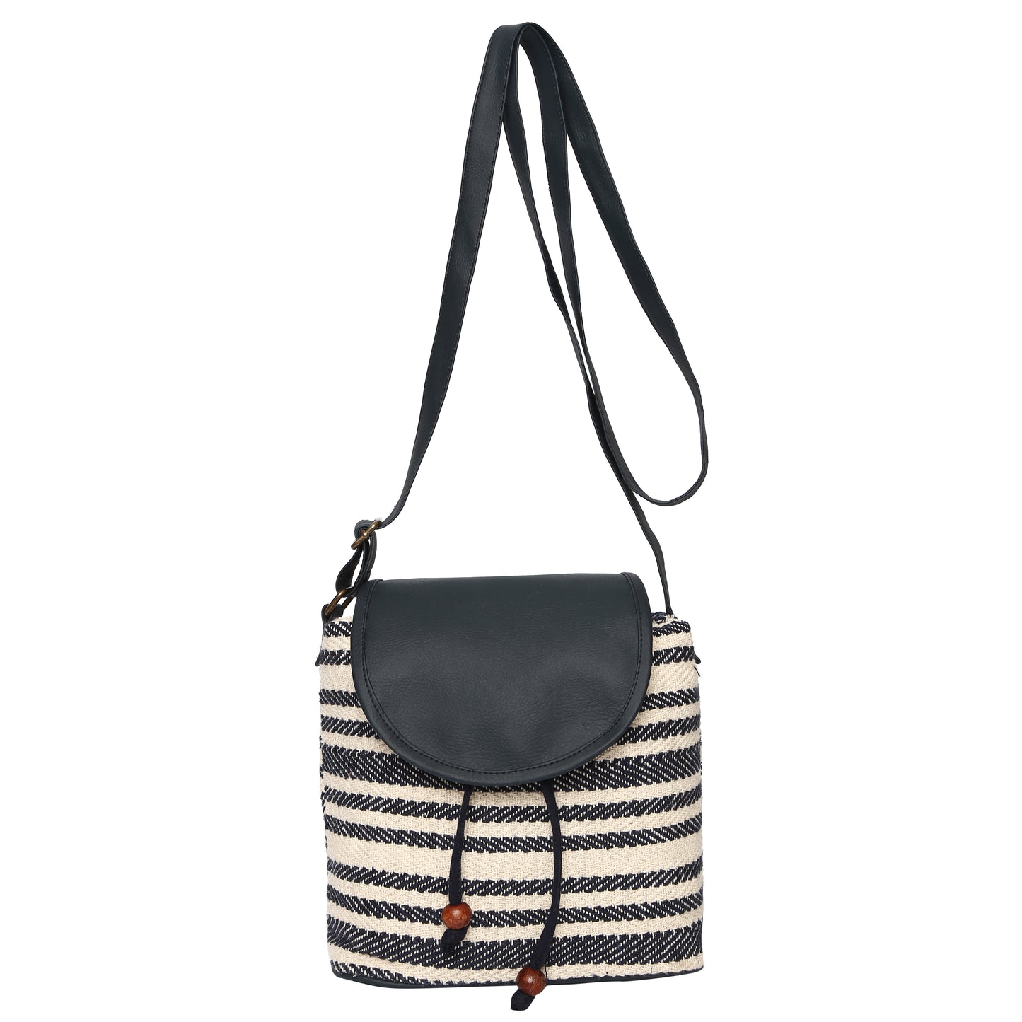 Women's Crossbody Cream and Navy Blue Striped Bucket Bag