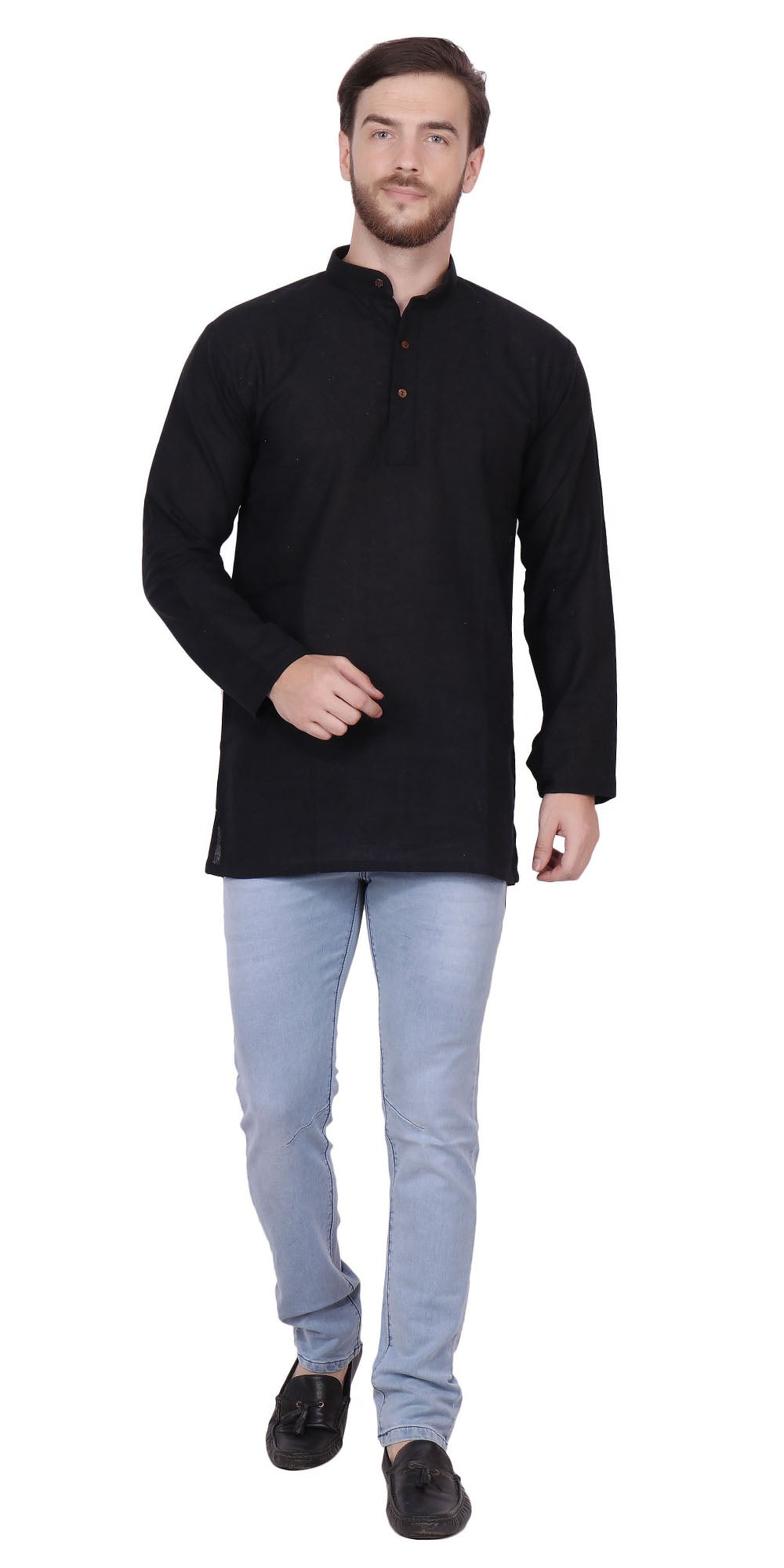 Men's  Indian Traditional Khadi cotton Kurta Tunic: Black | Full view | In-Sattva