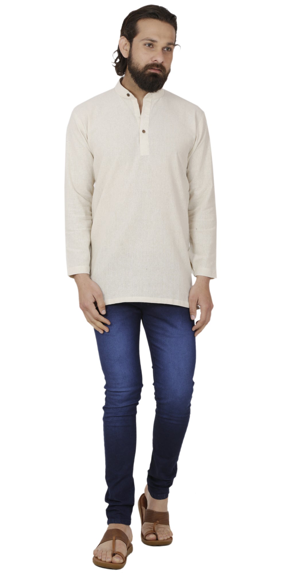 Men's  Indian Traditional Khadi cotton Kurta Tunic: Off-White | Full view | In-Sattva