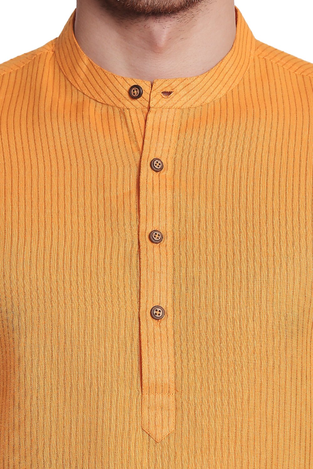 Shatranj Men's Indian Banded Collar Fine Stripe Kurta Tunic