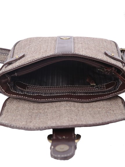 Ivory Tag Brown Leather & Twill Weave Crossbody Bag ÛÒ Inside