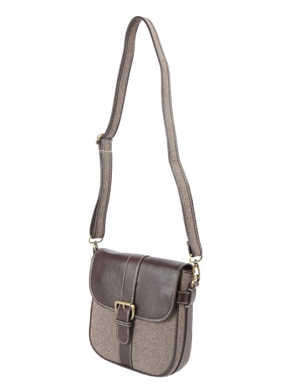 Ivory Tag Brown Leather & Twill Weave Crossbody Bag ÛÒ Side