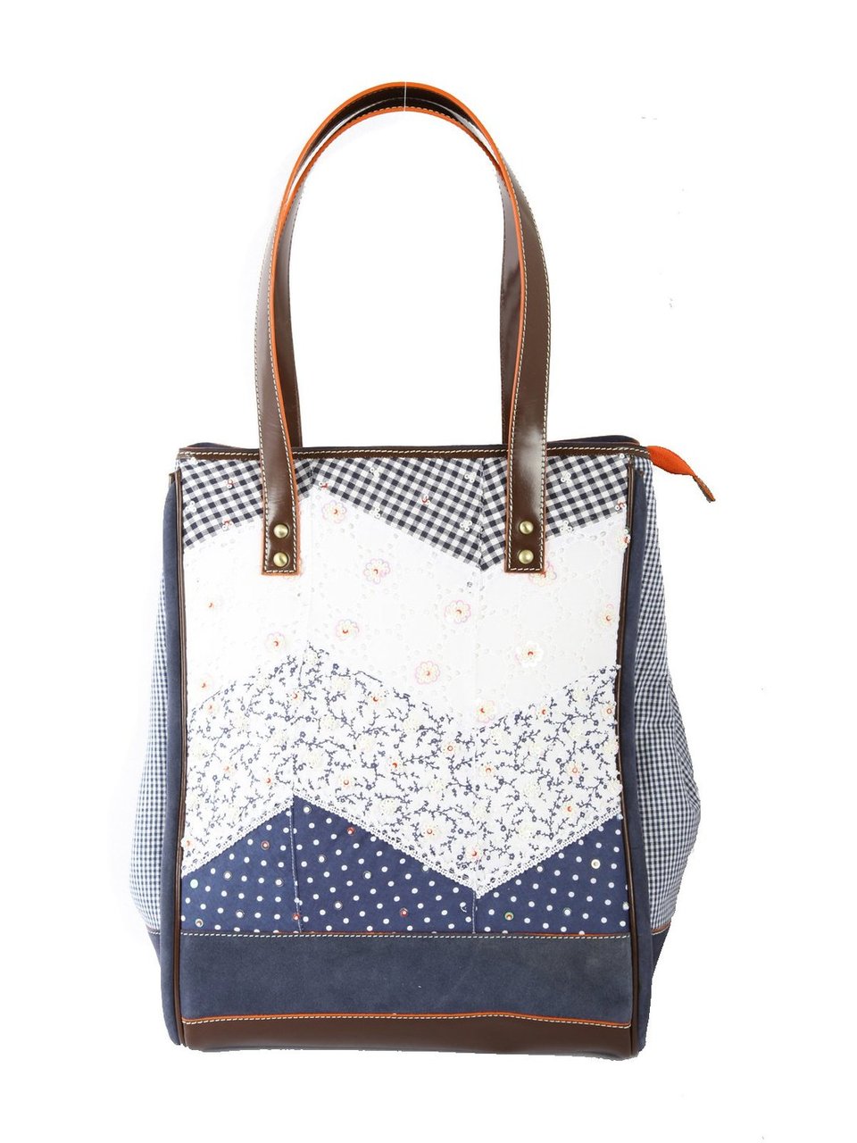 Ivory Tag Patched Up Blue Leather & Fabric Tote ÛÒ Front
