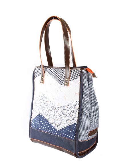 Ivory Tag Patched Up Blue Leather & Fabric Tote ÛÒ Side