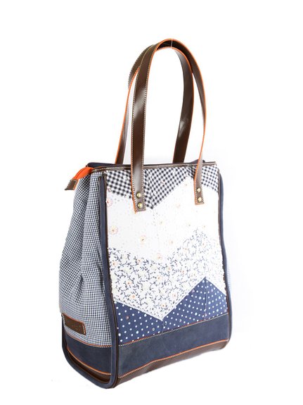 Ivory Tag Patched Up Blue Leather & Fabric Tote ÛÒ Side