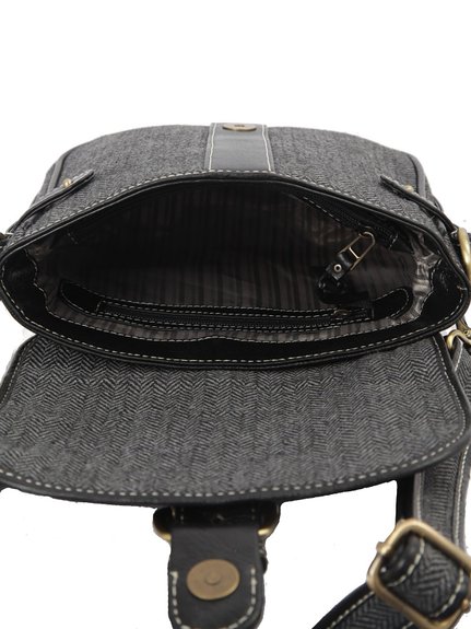 Ivory Tag Black Leather & Twill Crossbody Bag ÛÒ Inside