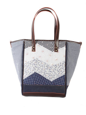 Ivory Tag Patched Up Blue Leather & Fabric Tote ÛÒ Front