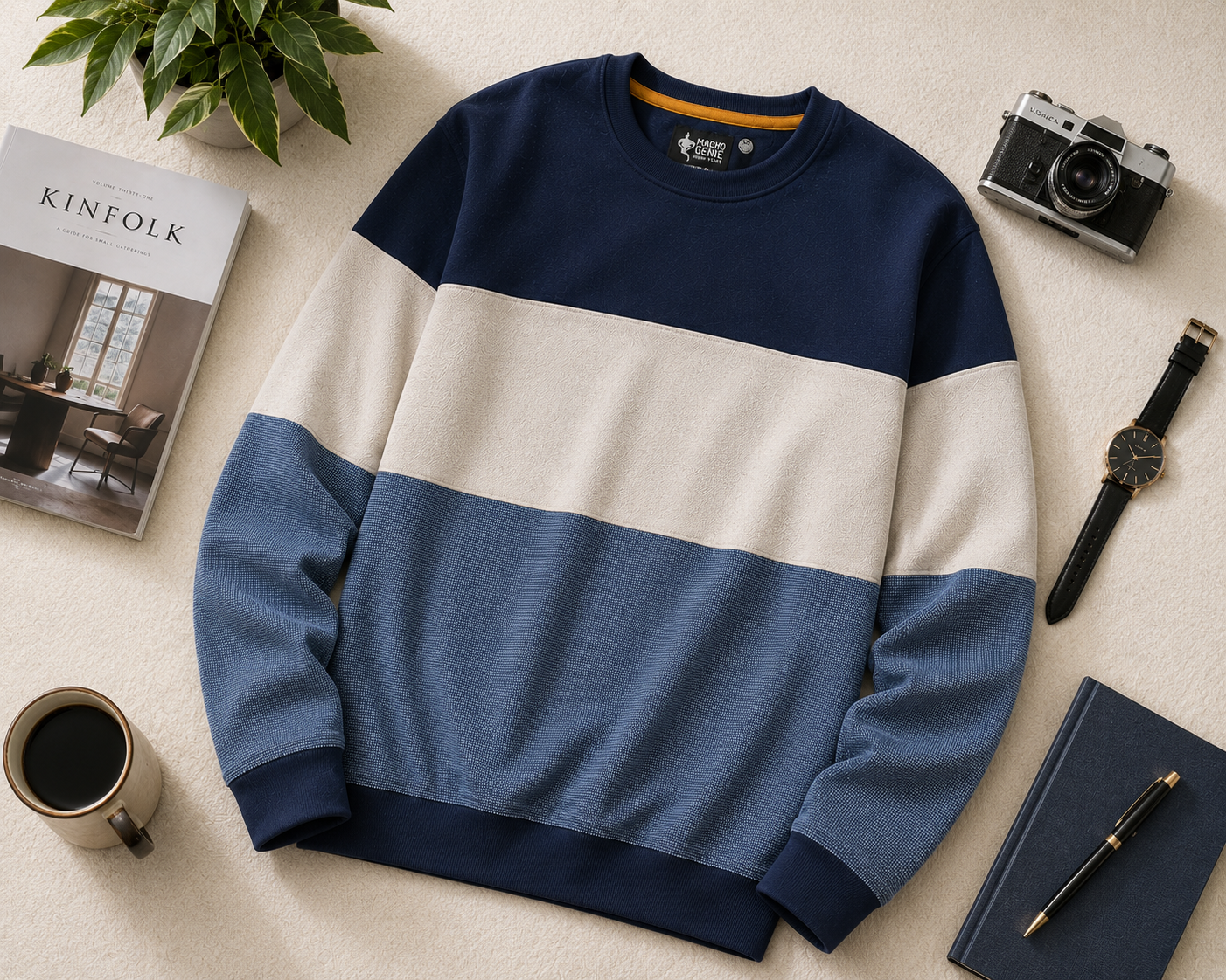 Macho Genie Textured Colorblock Sweatshirt for Men Blue