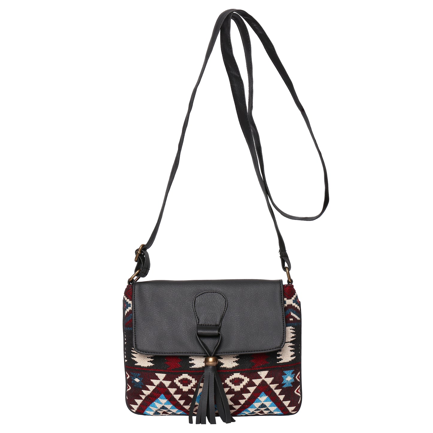 Women's Crossbody Multicolored Red Aztec Print w/Tassel
